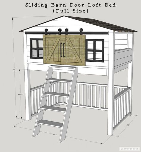 DIY Loft Bed with Sliding Barn Doors Bunk Bed Accessories For Kids, Loft Bed Full Size, Loft Bed Full, Bunk Bed Accessories, Bed Full Size, Cabin Beds, A Loft Bed, Diy Loft, Diy Loft Bed