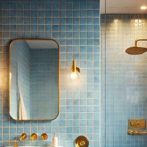 Tarza on Instagram: "Bathroom Design featuring blue Zellige tiles and brass fixtures.  #Bathroom #Blue tile #Bathroomdesign #Bathroominspo #Zelligetiles #brassbathroom #bathroom" 1970s Blue Tile Bathroom, Blue And Terracotta Bathroom, Brass Fixtures Bathroom, Blue Gold Bathroom, Bathroom Blue Tile, Blue Tile Bathroom, Terracotta Bathroom, Mcm Bathroom, 2024 Bathroom