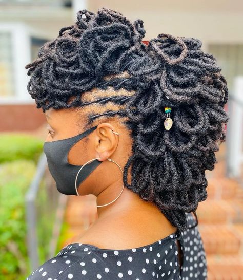 Loc Styles For Long Hair Women, Long Dreadlocks Styles, Petal Locs, Loc Updo Styles Long, Mohawk Dreads, Loc Petals, Locs Updo, Marley Locs, Mohawk Updo