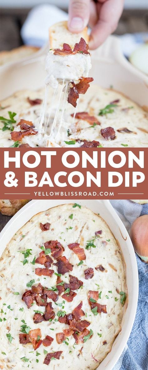 Hot Onion Bacon Dip Bacon Onion Dip, Onion Bacon Dip, Spinach Dips, Baked Cheese Dip, Bacon Ideas, Hot Onion Dip, Classy Appetizers, Bacon Party, Keto Dips