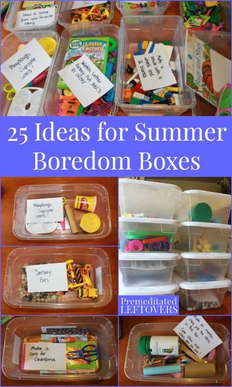 Summer Busy Boxes, Invention Box For Kids, Dollar Store Busy Boxes, Activity Boxes For Kids, Summer Educational Activities For Kids, Craft Box For Kids, Craft Box Ideas, Summer Fun Ideas For Kids, Quiet Boxes