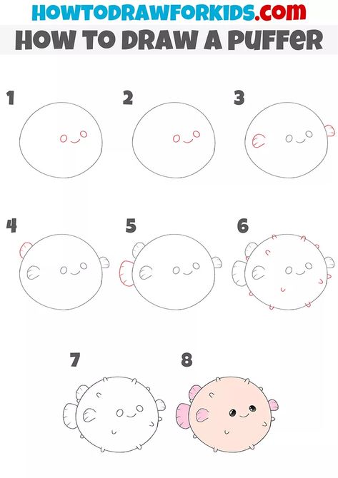 How To Draw Puffer Fish, How To Draw A Narwhal, How To Draw Sea Creatures, Pufferfish Drawing, Puffer Fish Drawing, Easy Fish Drawing, Trin For Trin Tegning, Sea Creatures Drawing, Easy Dragon Drawings