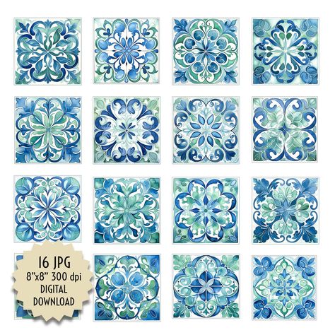 ✳️ Beautiful hand-painted blue and green watercolor tiles. Artistic decorative element for walls, floors, kitchens, bathrooms, fireplaces, dining rooms, etc. ✳️ Explore more tiles from this collection here: ➡️ https://www.etsy.com/es/shop/AngelicaBarttiPrints?ref=seller-platform-mcnav&section_id=49523133 ✳️ See the rest of our store here: ➡️ https://angelicabarttiprints.etsy.com ✳️ You can conveniently print the files at home or, for higher quality, take them to your local print shop. You can al Mosaic Architecture, Watercolor Tiles, Architecture Decoration, Digital Printing Services, Pattern Watercolor, Green Tile, Green Watercolor, Watercolor Pattern, Digital Wallpaper