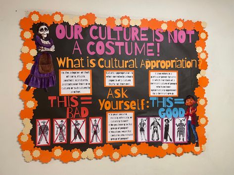 Cultural Humility Bulletin Board, Hosa Bulletin Board Ideas, Coco Bulletin Board, Coco Themed Bulletin Board, Culture Is Not A Costume Bulletin Board, Halloween Ra Events, Cultural Awareness Bulletin Boards, October Ra Board Ideas, Cultural Competence Bulletin Board