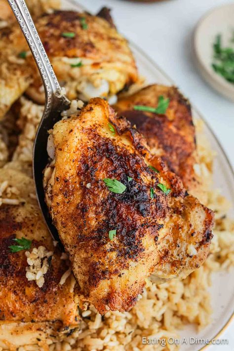 Crock Pot Chicken Thighs and Rice - Eating on a Dime Chicken Quarters Crockpot, Boneless Chicken Thighs Crockpot, Chicken Thighs Slow Cooker Recipes, Chicken Thigh And Rice Recipe, Crock Pot Chicken Thighs, Chicken Thighs And Rice, Chicken And Rice Crockpot, Chicken Leg Quarter Recipes, Healthy Chicken Thigh Recipes