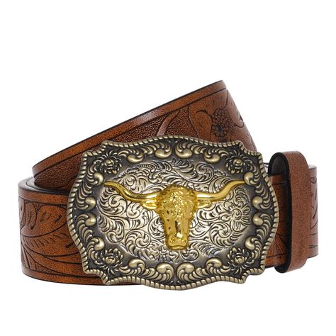 PRICES MAY VARY. 90% PU leather, 10% Alloy Imported Buckle closure Hand Wash Only Western Leather Belt: The cowboy belt is made of quality leather material, with exquisite engraving flower patterns, to look chic and unique. The western belt buckle is made of zinc alloy, solid and strong, not easy to break, sturdy for a long time of use Longhorn Bull Buckle Belt: Western cowboy style belt is designed with thick leather and vintage engraving flowers patterns, classic brown color look retro and gor Western Leather Belt, Longhorn Bull, Belt Western, Cowboy Belt, Bull Head, Belt For Men, Belt Brown, Women Leather, Buckle Belt