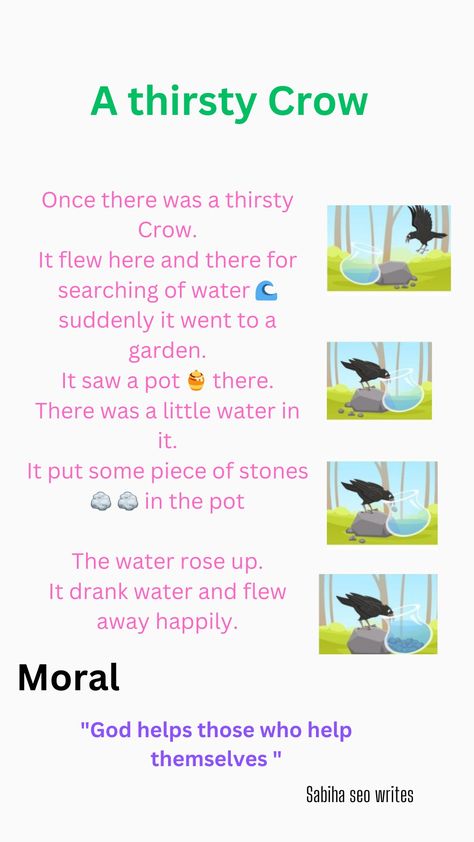 A Thirsty Crow Story, Small Stories For Kids In English, Thirsty Crow Story For Kids, Maths Nursery, Crow Story, Thirsty Crow, Small Stories For Kids, Preschool Poems, Stories With Moral Lessons