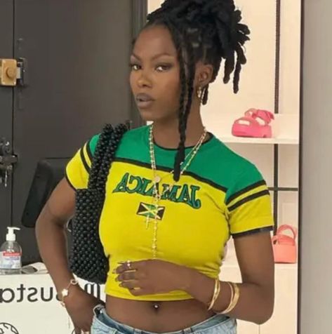 Our Jamaica T-shirt, available in 3 colours 🇯🇲 Jamaica Shirt Outfit, Jamaica Top Outfit, Jamaica Crop Top, Carribean Festival, Jamaican Outfits For Women, Carribean Outfit, Carribean Outfits, Dancehall Outfits, Jamaica Shirt