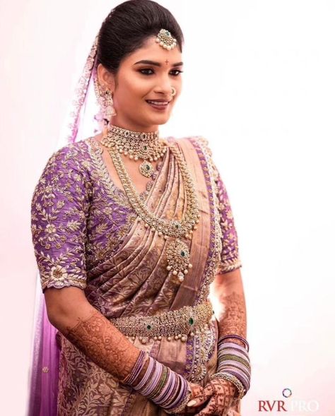 Purple Bridal Blouse Designs, Lavender Colour Blouse Designs, Lavender Blouse Maggam Work, Lavender Bridal Saree, Purple Bridal Saree, Lavender Blouse Design, Lavender Pattu Saree, Purple Blouse Work Designs, Marriage Saree