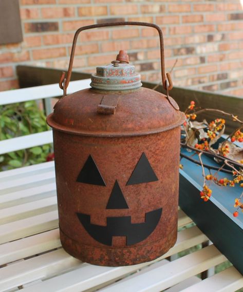 My Tin Can Pumpkin | Loving My New Simple Life Painted Milk Cans, Can Pumpkin, Country Living Fair, Metal Canisters, Autumn Weekend, Porch Area, Pumpkin Face, Fall Time, Diy Pumpkin