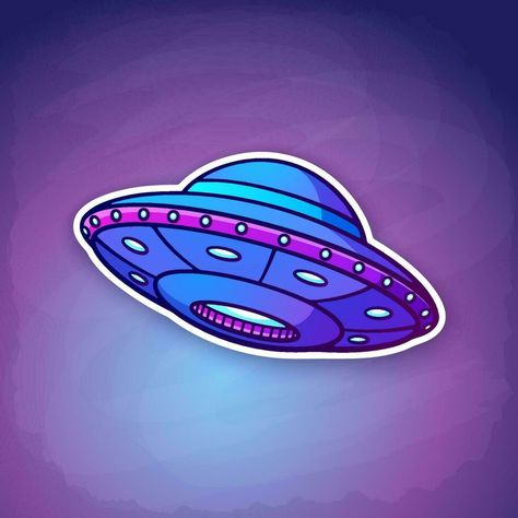 UFO with lights flying on the space background. Alien space ship. Sticker in cartoon style with contour. Futuristic unknown flying object Ship Space Illustration, Cute Spaceship Drawing, Space Ships Drawing, Spaceship Cartoon, Spacecraft Illustration, Ufo Drawing, Ufo Illustration, Spaceship Drawing, Galaxy Illustration