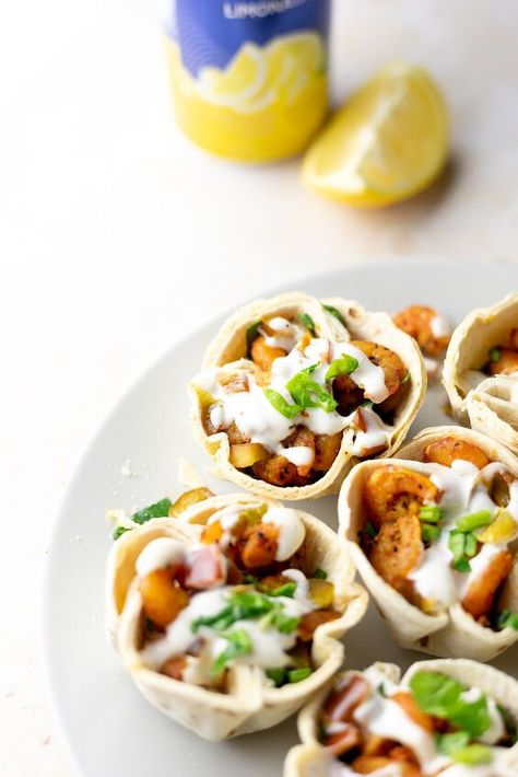 Shrimp Taco Cups, Tajin Shrimp, Tiger Butter Fudge Recipe, Slaw For Shrimp Tacos, Taco Cups Recipe, Honey Lime Shrimp, Shrimp Taco, Quick Appetizer, Pasta Chips