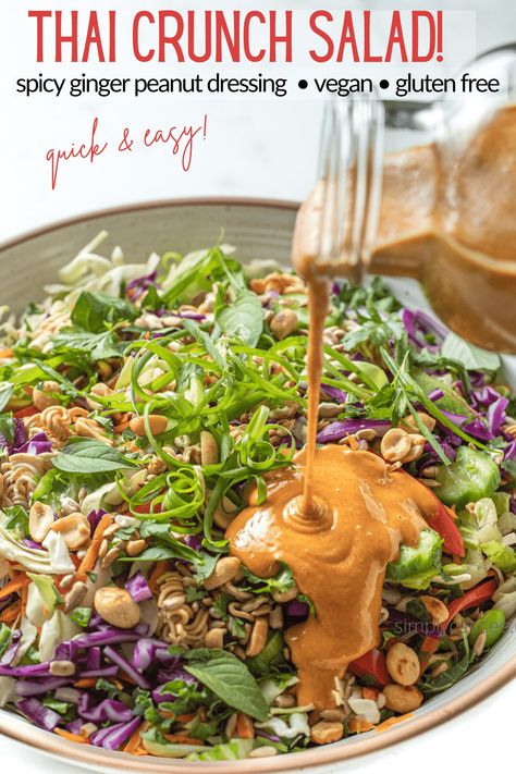 Easy to make Thai crunch salad with spicy peanut ginger sauce. Make ahead, take to summer parties, healthy vegan side dish or light lunch. Make your own CPK Thai crunch salad copycat at home in 20 minutes! | simplyceecee.co #peanutsauce #thaicrunchsalad #cpkcopycatsalad #vegan #glutenfree #keto Spicy Peanut Dressing, Thai Crunch Salad, Crunch Salad, Thai Salad, Peanut Dressing, Salad Pasta, Best Salad Recipes, Healthy Salad Recipes, Summer Salads