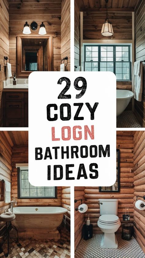 Transform your bathroom into a cozy log cabin retreat with warm wood finishes, natural textures, and earthy tones. It's the perfect escape within your home. Find more inspirations on our site! Modern Cabin Powder Room, Hickory Bathroom Ideas, Log Bathroom Ideas, Cabin Bathroom Flooring Ideas, Log Home Bathrooms Rustic, Log Home Bathrooms Modern, Mountain Lodge Bathroom Ideas, Log Cabin Bathroom Remodel, Small Rustic Bathroom Ideas Country