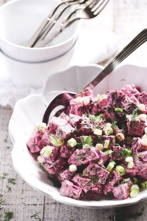 Russian Beet Salad with Sour Cream and Dill | The View from Great Island Russian Beet Salad, Creamy Vinaigrette, Salad With Sour Cream, Broccoli Salads, Russian Salad Recipe, Beet Salad Recipe, Russian Salad, Low Calorie Salad, Cooking Beets