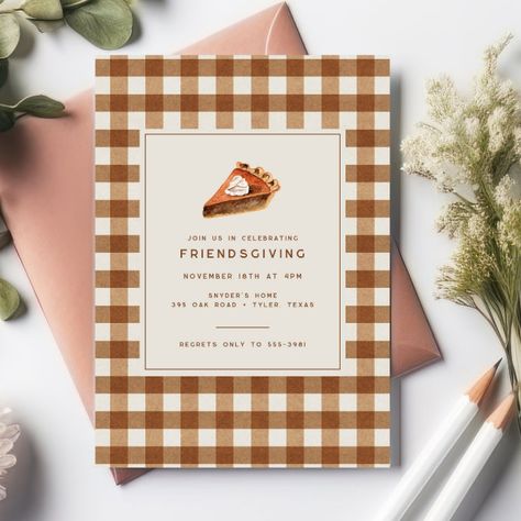 Pumpkin Pie Thanksgiving, Friendsgiving Dinner Party, Friendsgiving Decorations, Friendsgiving Invite, Pie Thanksgiving, Brown Gingham, Thanksgiving Pumpkin Pie, Plaid Pumpkin, Thanksgiving Friendsgiving