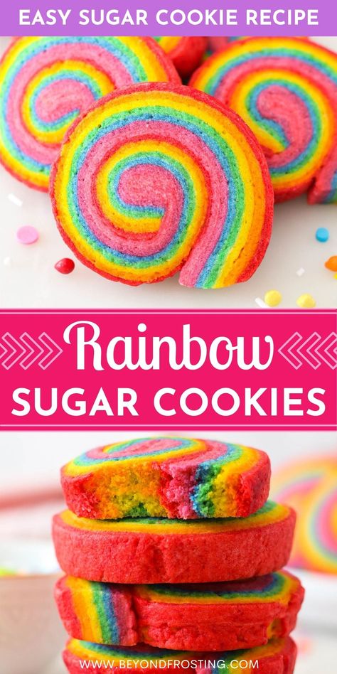 Fun and easy to make, these Rainbow Sugar Cookies are guaranteed to put a smile on anyone's face. With just 30 minutes of chill time, this easy sugar cookie recipe can be whipped up anytime! Easy Sugar Cookie Recipe, St Patrick's Day Dessert, Rainbow Sugar Cookies, Easy Homemade Cookies, Buttery Sugar Cookies, Rainbow Desserts, Rainbow Treats, Sugar Cookie Recipe Easy, Chill Time