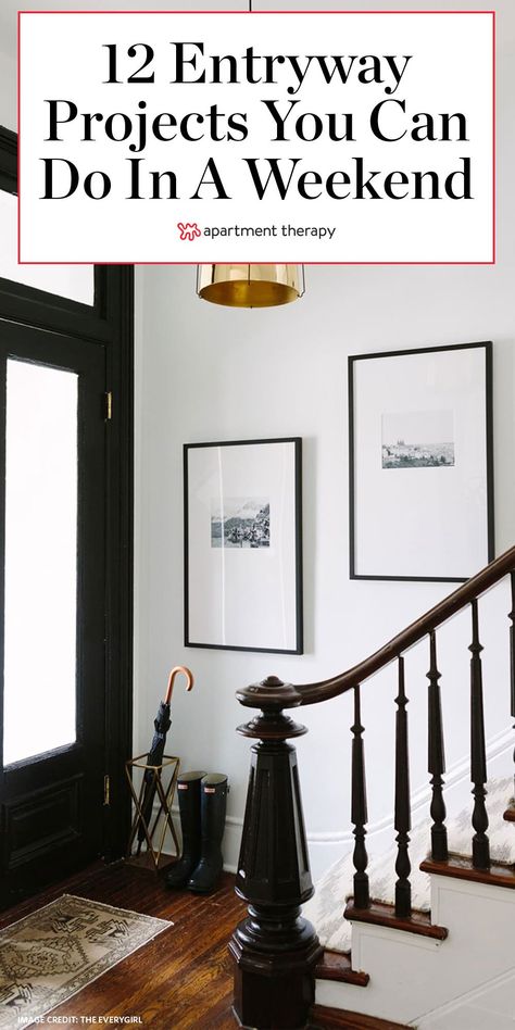 Entryway in need of some TLC? We have a dozen ideas you can complete in just one weekend. #entryway #entrywayideas #organizingideas #homeprojects #homedecor #diyhomedecor Wall Decor Stairway, Interior Entryway Ideas, Bold Entryway, Side Hall Colonial, Stairs Wall Decor, Staircase Wall Design, Decorating Stairway Walls, Stairwell Ideas, Wall Decor Entryway