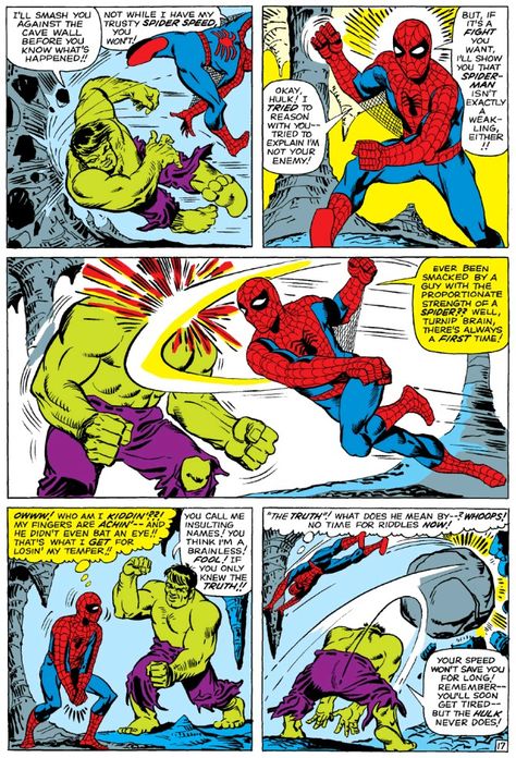 Spider-Man Feats: Vs Hulk (AMSv1#14). Spiderman Vs Hulk, Hulk Comic, Marvel Comics Art, Man Vs, Comics Art, Comic Collection, Survival Skills, Funny Comics, Hulk