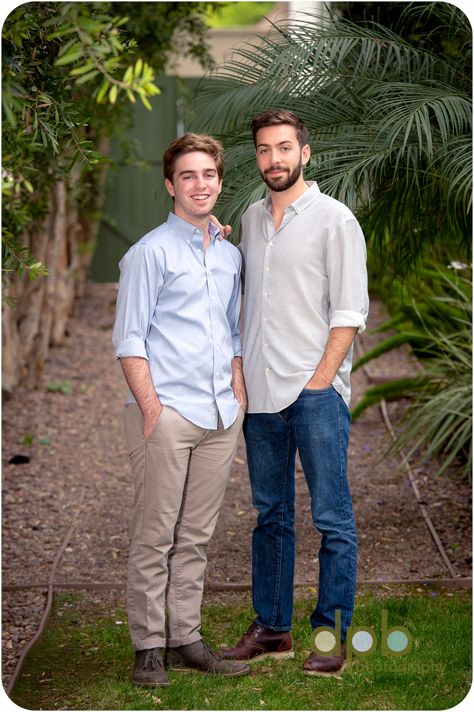 Great example of two young adult brothers that mix and matched with a combination of jeans, khakis and dress shirts. Note that one of the dress shirts is not a solid color-but has a small plaid design. Brother And Brother Photo Ideas, Older Brothers Photo Shoot Sibling Pics, Brother Poses Photography, Adult Brothers Photography Poses, Father Son Photos Older, Brothers Poses Photography, Teenage Brother Photoshoot, Brother Poses For Pictures, Older Brothers Photo Shoot