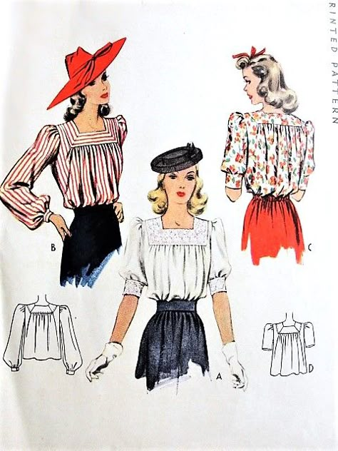 1940s BEAUTIFUL Blouse Pattern McCALL 4220 Square Neckline  Tuck In Blouse, 3 Style Versions, WW II Era Bust 30 Vintage Sewing Pattern Tuck In Blouse, 1940s Blouse, Vintage Blouses, Fashion 1940s, 1940's Fashion, Vintage Dress Patterns, Beginner Sewing Projects Easy, Dress Making Patterns, 40s Fashion