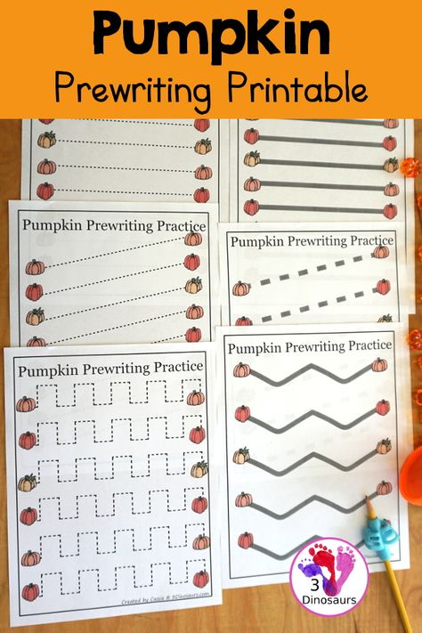 Free Pumpkin Prewriting Printables - 3 different types: dotted line, solid line, & thick line dotted - 3DInosaurs.com Pumpkin Tracing, Prewriting Worksheets, Pumpkins Kindergarten, Halloween Activities Preschool, Homeschool Holidays, Prewriting Skills, 3 Dinosaurs, Counting For Kids, Pumpkin Activities