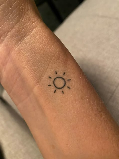 Very Small Dainty Tattoos, Mini Sun Tattoo Simple, Sunshine Tattoo Wrist, Sunshine Hand Tattoo, Sun On Wrist Tattoo, Small Sun Wrist Tattoos, Sun Tattoo Small Wrist, Tiny Sunshine Tattoo, Simple Sunshine Tattoo