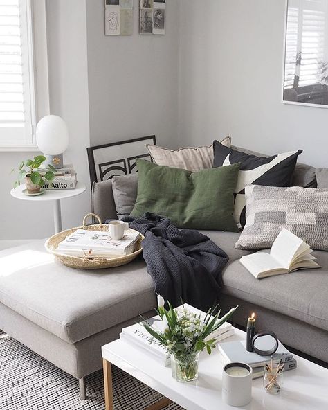 Cosy minimalist interior - grey L-shaped sofa Made.com - monochrome cushions - MENU JWDA lamp Arizona Apartment, Gray Sofa Living, Sofa Scandinavian, Grey Sofa Living Room, Grey Corner Sofa, Build Home, Grey Sofa, Small Living Room Design, Cosy Living Room