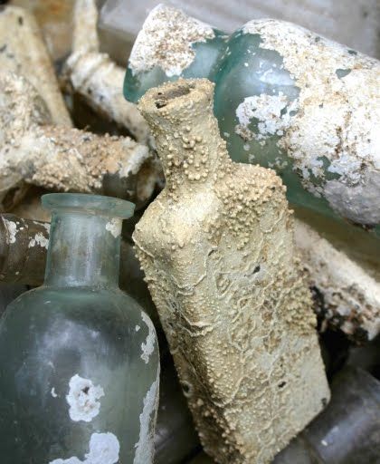 Antique glass bottles from the sea, brought to land by a diver out on Long Island, NY, who has been recovering these bottles for years (read here). White Flower Farmhouse was able to purchase a portion of his collection and has them up for sale now. Fire And Blood, Antique Glass Bottles, Mermaid Aesthetic, Altered Bottles, Sea Witch, Antique Bottles, Old Bottles, Aromatherapy Oils, Bottles And Jars