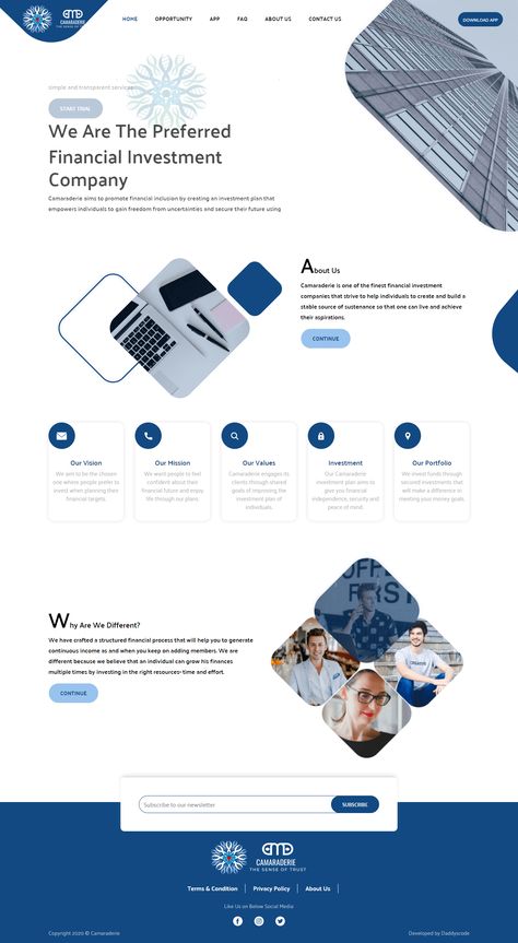 Camaraderie Financial Services is a financial investment company that helps people in making wise investment decisions. Daddys Code designed and developed this website to be simple and minimalist, yet informative for its customers. There is warmth in the design and its best use of white spaces gives it a user-friendly feel. Work Profile, White Spaces, Financial Investment, Investment Company, Financial Inclusion, Be Simple, Investment Companies, Money Goals, Financial Independence