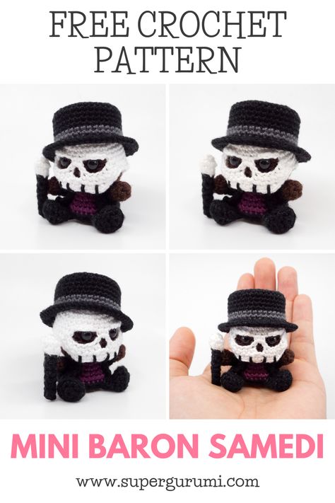 Free Baron Samedi Crochet Pattern by Supergurumi. This cool Baron Samedi is easy to crochet with a step by step description and many pictures. Click the link to view the free pattern. #amigurumi #crochet #crochetpattern #baronsamedi #halloween 30 Min Crochet Patterns Free, Amigurumi Halloween Free Pattern, Horror Movie Crochet Patterns Free, Spooky Crochet Pattern, Gothic Amigurumi Free Pattern, Spooky Amigurumi Free Pattern, Crochet Horror Free Pattern, Demon Crochet Pattern, Crochet Halloween Ideas