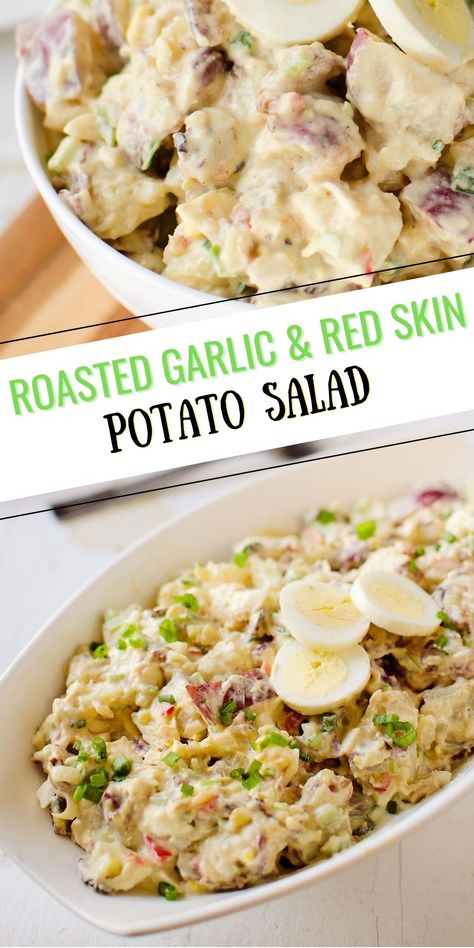 Roasted Garlic & Red Skin Potato Salad is a delicious twist on creamy potato salad recipe with roasted garlic and bacon. This hearty salad is sure to be a hit at your next picnic or potluck! Creamy Garlic Potatoes, Creamy Potato Salad Recipe, Red Skin Potato Salad, Roasted Potato Salads, Red Potato Salad, Baked Potato Salad, Red Skin Potatoes, Super Salads, Bacon Potato Salad