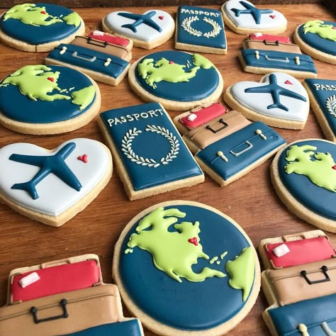 Adventure Cookies, Travel Cookies, Airplane Cookies, Travel Cake, Travel Party Theme, Gateaux Cake, Sugar Cookie Designs, Travel Theme Wedding, Fancy Cookies