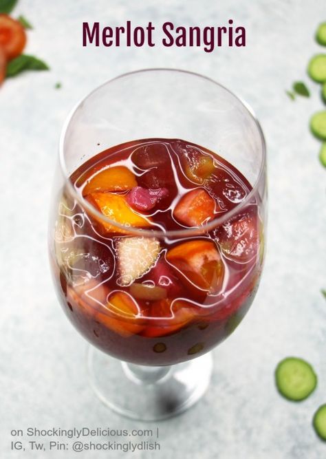 Merlot Sangria: Fresh, fruity and fun, Sangria made from a bottle of merlot and some fresh fruit is the adult beverage for summer. Recipe on ShockinglyDelicious.com #shockinglydelicious #sangriarecipe #merlot #summerdrink Types Of Red Wine, Sangria Recipes, Easy Cocktails, Pomegranate Juice, Fresh Fruits And Vegetables, Alcohol Recipes, Fun Cocktails, Huntington Beach, Pina Colada