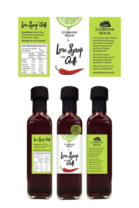 Colourful label design for Lime & Chilli Syrup by Ludbrook House. I focused on a clean, modern and minimal design with a splash of colour. Splash Of Colour, Chilli Flakes, Clean Modern, Serving Size, Lime Juice, Minimal Design, Label Design, Nutrition Facts, Syrup