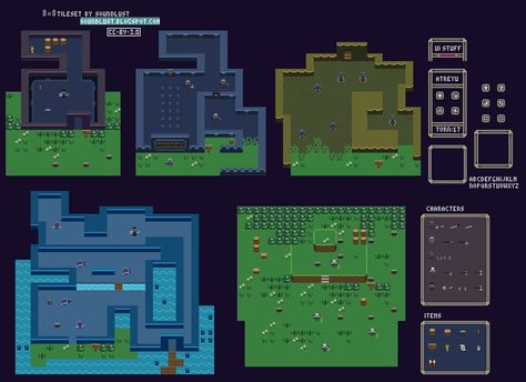 8x8 Tileset by Soundlust | OpenGameArt.org Tileset Pixel Art, Pixel Tileset, Rpg Maker Tileset, Top Down Tileset Pixel Art, 2d Platformer Tileset, Building Games, Pixel Games, Cool Pixel Art, Game Dev