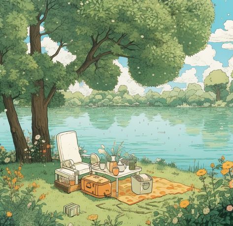 Forest With Lake Drawing, Forest River Illustration, Camping Aesthetic Drawing, Lake Drawing Reference, Wetland Illustration, Tree Graphic Illustration, Lake Doodle, Anime Lake, Forest Scenery Drawing