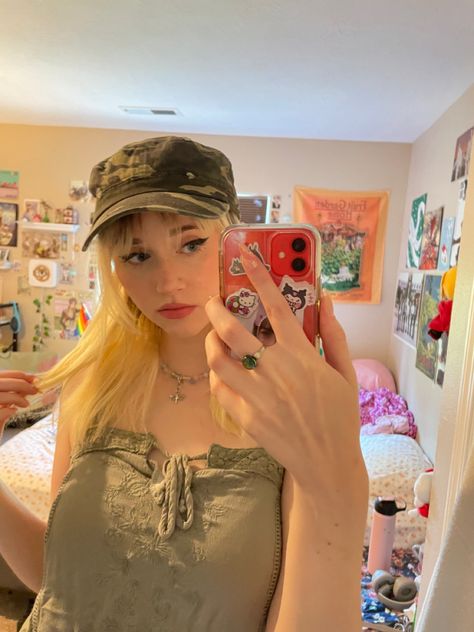 y2k outfit, camo hat, aesthetic, mirror selfie, outfit ideas Y2k Hat Outfit, Brown Tank Top Outfit Y2k, Y2k Trucker Hat Outfit, Y2k Style Cami Tank Top, Fur Hat Outfit Y2k, Rhinestone Hat Y2k, Y2k Hat, Cap Outfit, Army Cap