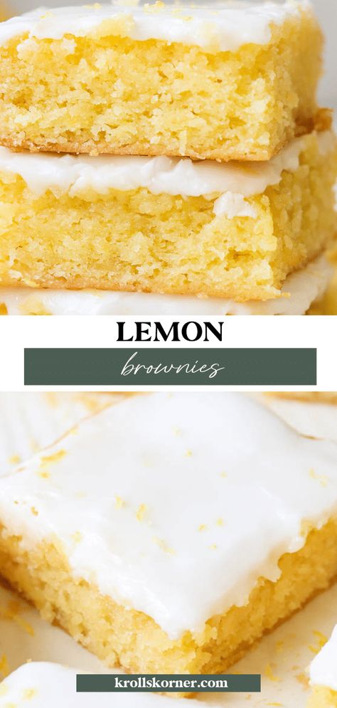 Lemon Brownies (One Bowl, No Mixer!) • Kroll's Korner Lemon Fudge Brownies, Lemon Cream Cheese Brownie Bars, Lemon Blondie Brownies, Lemon Brownies Krolls Korner, Lemon Brownies With Lemon Glaze, Lemon Dishes, Krolls Korner, Easy Lemon Curd, Lemon Brownies