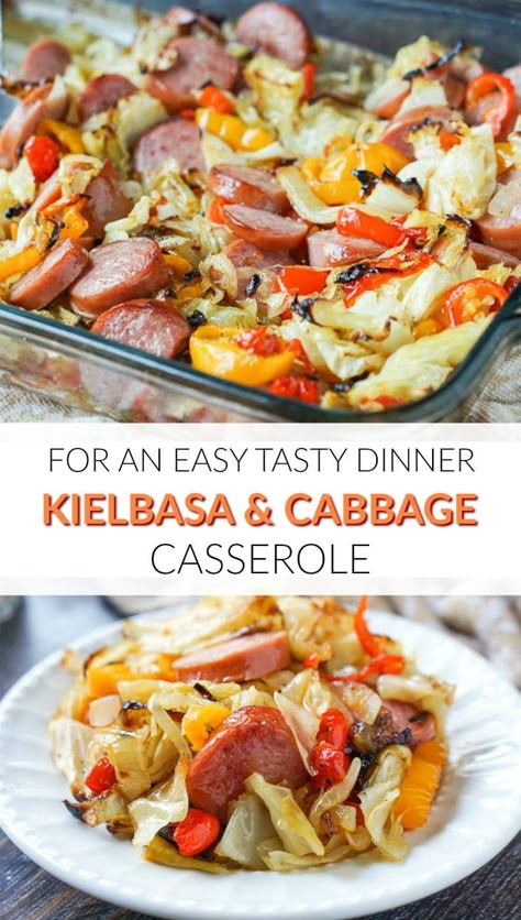 Easy Kielbasa & Cabbage Casserole - for a quick and tasty dinner, try this kielbasa recipe. Your family will love it and it's so easy! #kielbasarecipe #kielbasa #cabbagerecipe #quickdinner #easydinner #roastingvegetables #kielbasaandcabbage Turkey Kielbasa Recipes, Kilbasa Sausage Recipes, Kielbasa Cabbage, Kielbasa Recipe, Kielbasa And Cabbage, Cabbage Casserole Recipes, Baked Cabbage, Kielbasa Recipes, Cabbage And Sausage