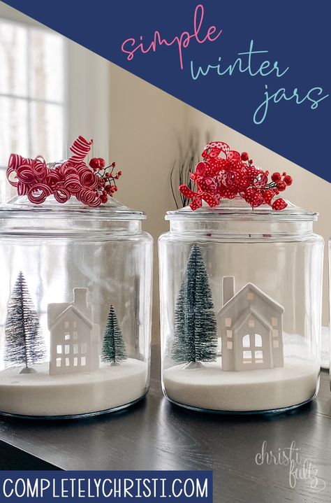 Christmas Decor Jar Ideas, Christmas Jar Scene, Christmas Village In A Jar, Snow Scene In Glass Jar, Christmas Scene In Glass Jars, Christmas Canisters Diy, Christmas Jars Decorations, Christmas Glass Jars, Decor Cookies