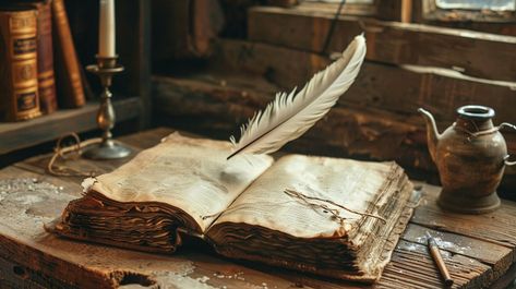 Ancient Writing Essentials: An aged open book with feather quill rests on a rustic table illuminated by candlelight. #ancient #book #quill #rustic #table #aiart #aiphoto #stockcake ⬇️ Download and 📝 Prompt 👉 https://ayr.app/l/rQ8X Ancient Writing Aesthetic, Evil Aesthetic, Ancient Book, Vintage Writing Desk, Rustic Books, Ancient Writing, Feather Quill, School For Good And Evil, Rustic Wooden Table