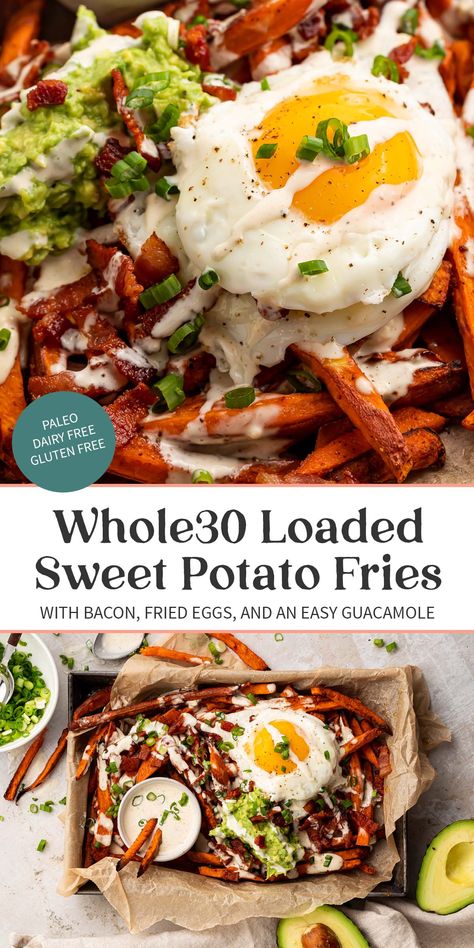 These Whole30 loaded sweet potato fries will surprise you with just how delicious they are. Filling enough for a Whole30 dinner, this recipe is also an excellent Whole30 side dish. With bacon, fried eggs, guacamole, green onions, and garlicky ranch dressing, you'll never feel like you're depriving yourself on a Whole30 with this recipe in your arsenal. #whole30 #paleo #glutenfree #dairyfree Whole 30 Side Dishes, Whole 30 Air Fryer Recipes, Hard Recipes, Loaded Sweet Potato Fries, Carb Cycle, Reset Diet, Whole30 Dinner, 30 Diet, Whole 30 Lunch