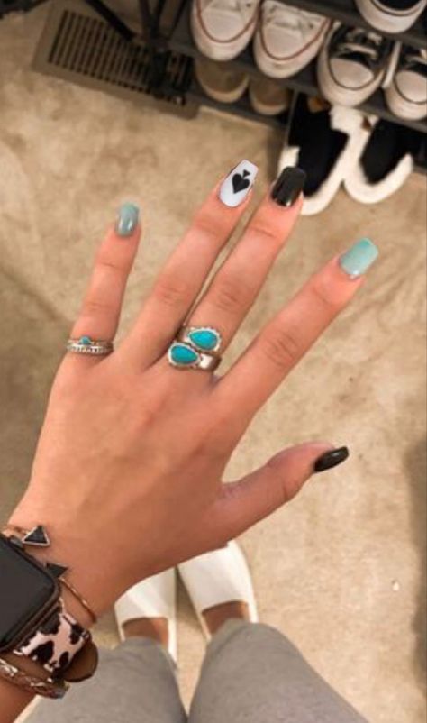 Cute Western Nails Acrylic Coffin, Western Nails Country Simple, Teal And Black Nail Ideas, Country Music Concert Nails, Western Checkered Nails, Cute Nail Polish Designs, Mail Inspo Coffin, Western Nail Inspo Acrylic, Dark Blue Western Nails