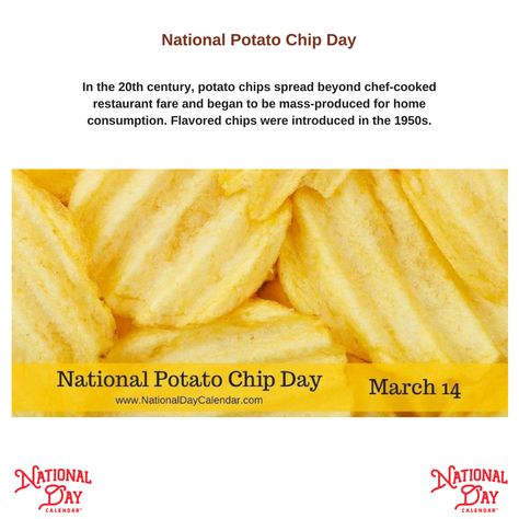 An all time favorite snack food with it's own day of celebration! National Potato Chip Day - Did you know it wasn't until the 1950's that flavored chips began to be sold? via @nationaldaycal National Potato Chip Day, List Of National Days, Potato Chip Flavors, American Snacks, French Fried Potatoes, National Day Calendar, National Days, Preschool Arts And Crafts, Celebration Day