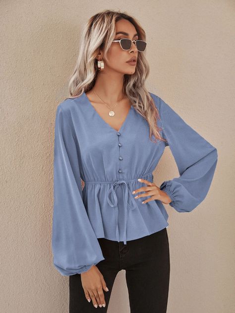 Knot Front Lantern Sleeve Babydoll Blouse | SHEIN USA Blouse Outfit Casual, Western Dresses For Women, Babydoll Blouse, Fashion Tops Blouse, Trendy Fashion Tops, Pretty Blouses, Puff Sleeve Blouse, Women Blouses, Shein Tops