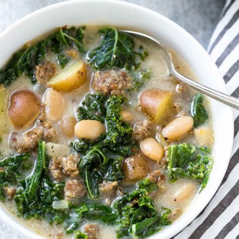 Tuscan Sausage and Kale Soup - Simply Whisked Italian Sausage And Kale Soup, Dairy Free Soup Recipe, Tuscan Sausage, Sausage And Kale Soup, Kale Soup Recipes, Sausage And Kale, Sausage Kale, Tuscan Soup, Dairy Free Soup