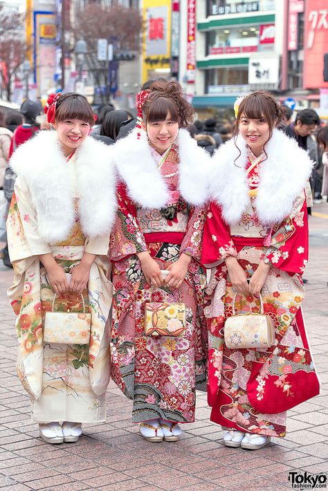 Pretty Kimono, Coming Of Age Day, Japanese Style Clothing, Pretty Kimonos, Pakistan Clothes, Kimono Traditional, Streets Of Tokyo, Furisode Kimono, Winter Kimono