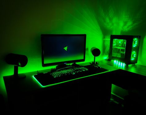 this is my gaming room for my youtube channel and will sell for $100,000 Gaming Room Setup Green, Green Gamer Setup, Razer Gaming Setup, Green Setup Gaming, Pc Gaming Setup Green, Green Game Room, Green Pc Setup, Green Gaming Room, Green Gaming Setup