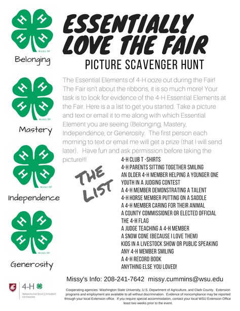 Essentially Love the Fair-Scavenger Hunt | Klickitat County | Washington State University County Fair Scavenger Hunt, County Fair Theme Ideas, 4 H Photography Project Ideas, County Fair Activities, Fair Scavenger Hunt, 4h Activities, Picture Scavenger Hunt, County Fair Projects, 4h Crafts